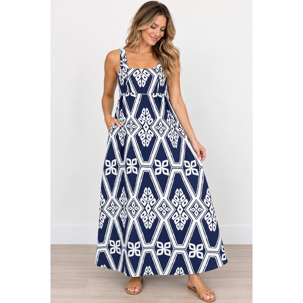 NWT TORI RICHARD Carolyn Dress Women's 4 Blue Maxi Cotton Coastal Resort